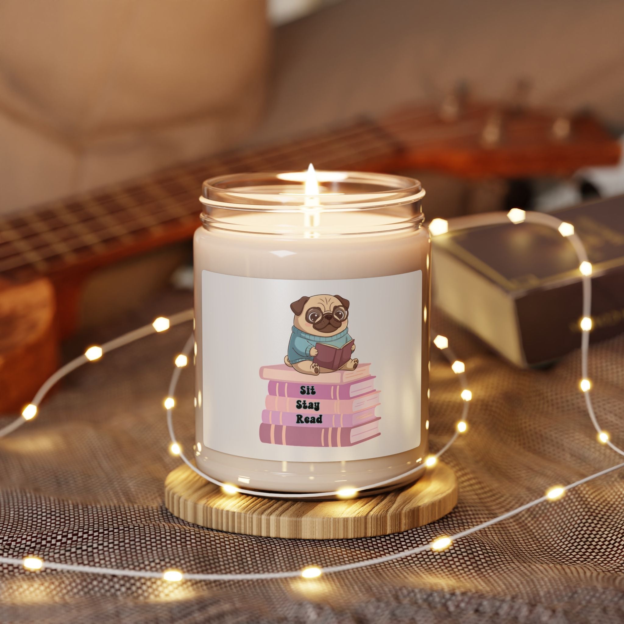 Reading Pug Soy Candle — 9oz Scented Jar (Sit. Stay. Read.)