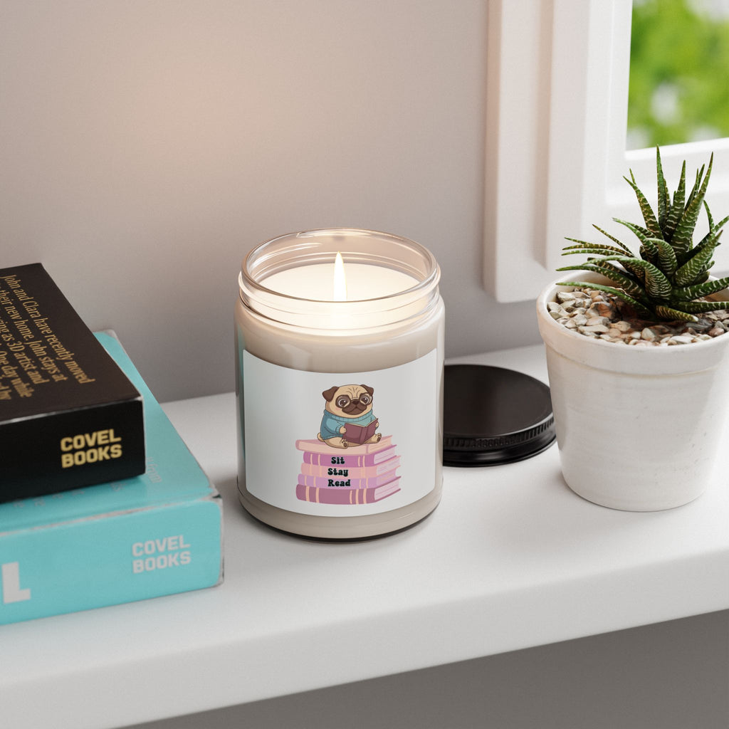 Reading Pug Soy Candle — 9oz Scented Jar (Sit. Stay. Read.)