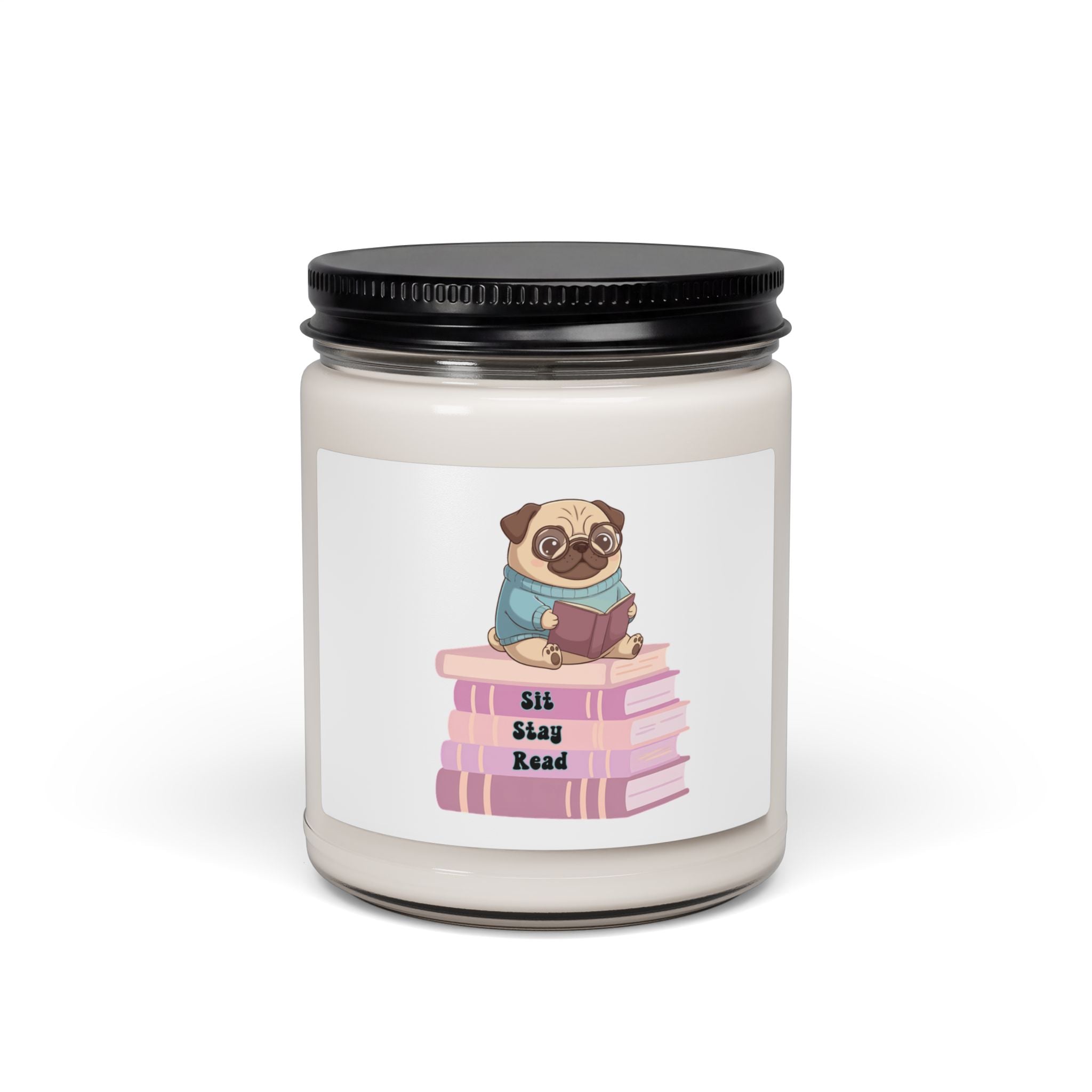 Reading Pug Soy Candle — 9oz Scented Jar (Sit. Stay. Read.)