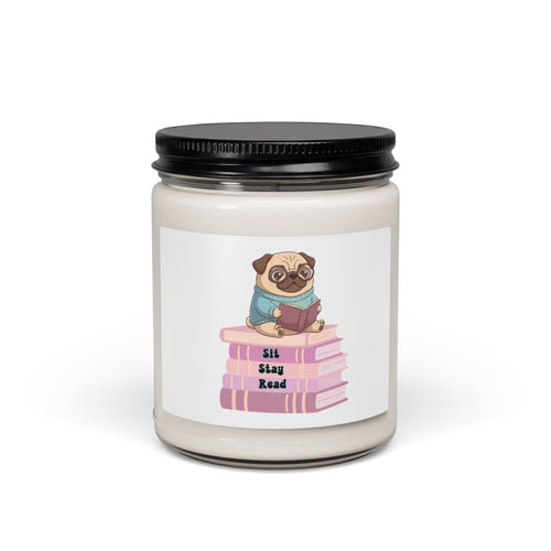 Reading Pug Soy Candle — 9oz Scented Jar (Sit. Stay. Read.)