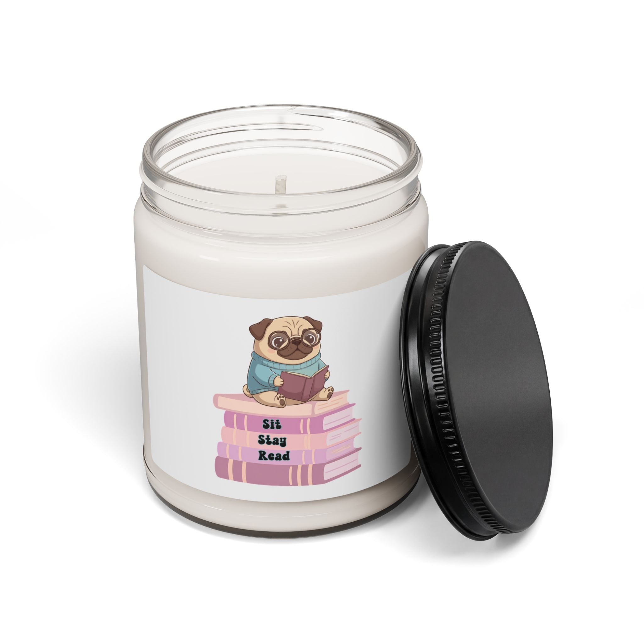 Reading Pug Soy Candle — 9oz Scented Jar (Sit. Stay. Read.)